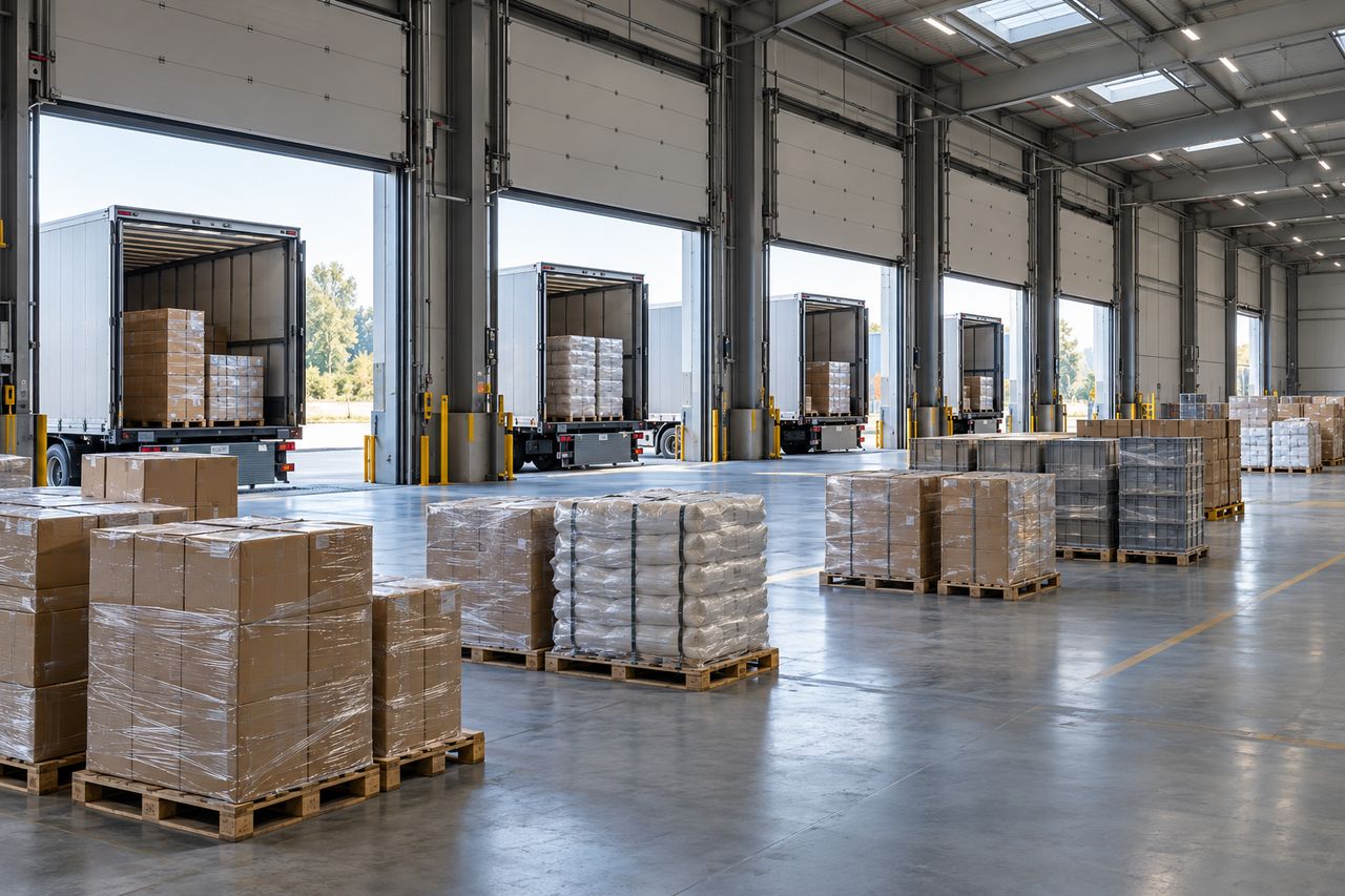 Plataforma de grupaje con palets de varios clientes